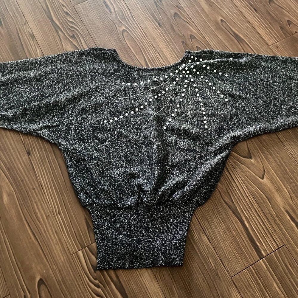 Vintage 1980s Black/Silver Metallic Sequin Starburst Dolman Sweater M - Picture 2 of 9